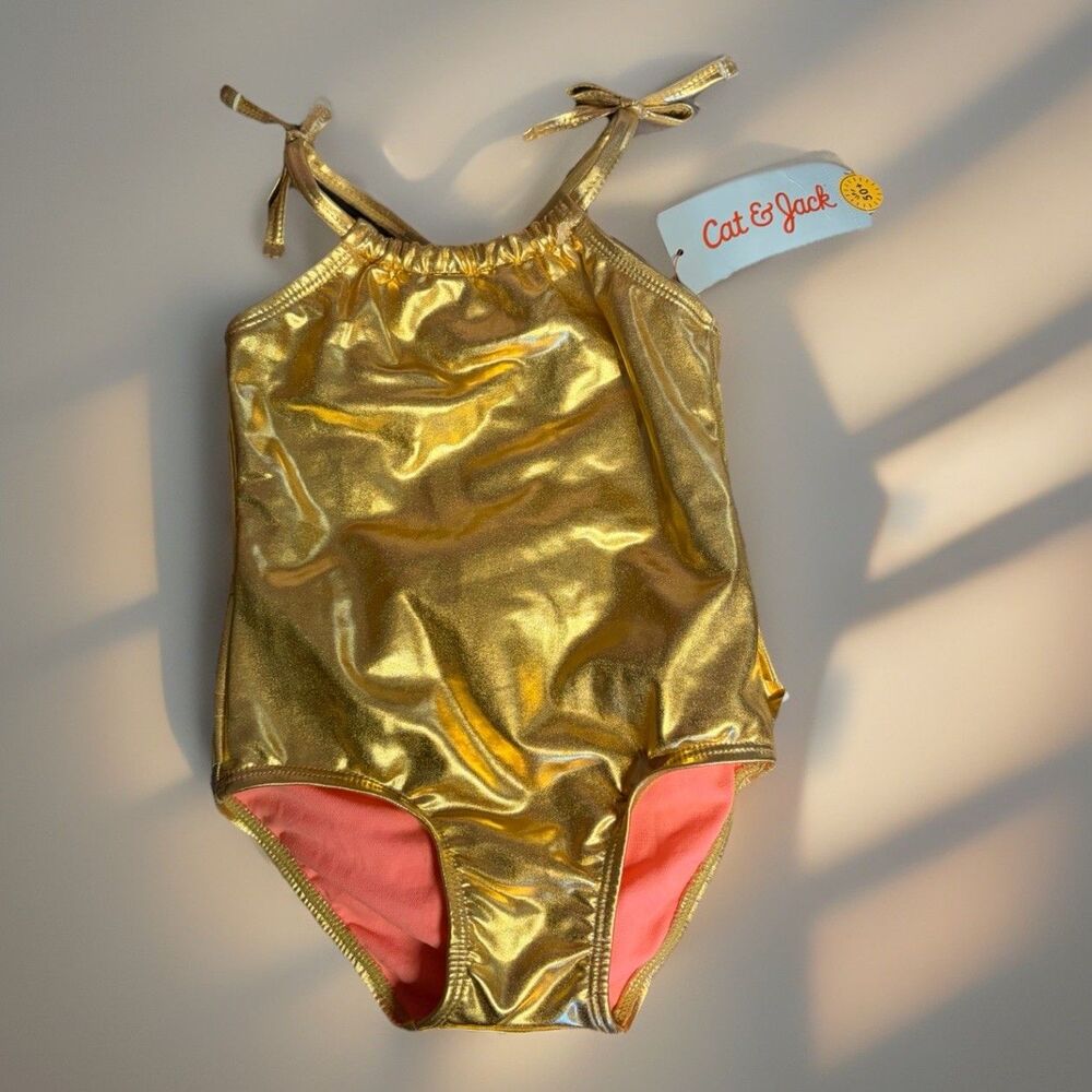 NWT Cat & Jack swimsuit Toddler 12M Girls Gold metallic One-Piece Ruffle Bow